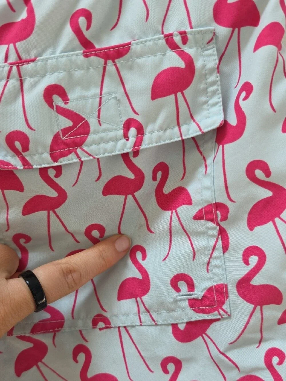 Tom & Teddy Men's Light Blue Swim Trunks with Pink Flamingo Print